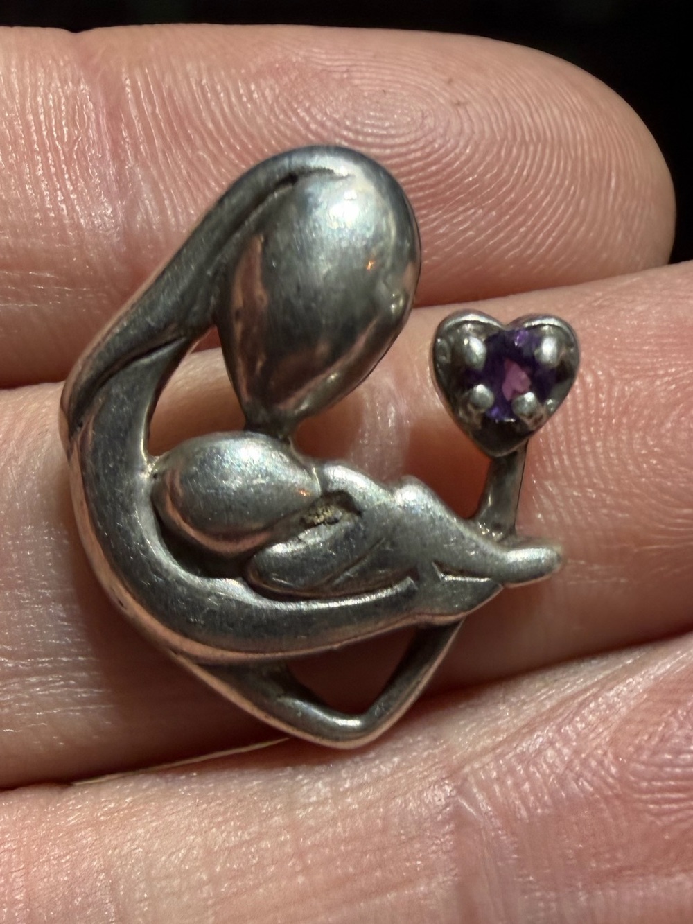 Vintage 925 Sterling Silver Purple Stone Mother & Child Heart Pendant